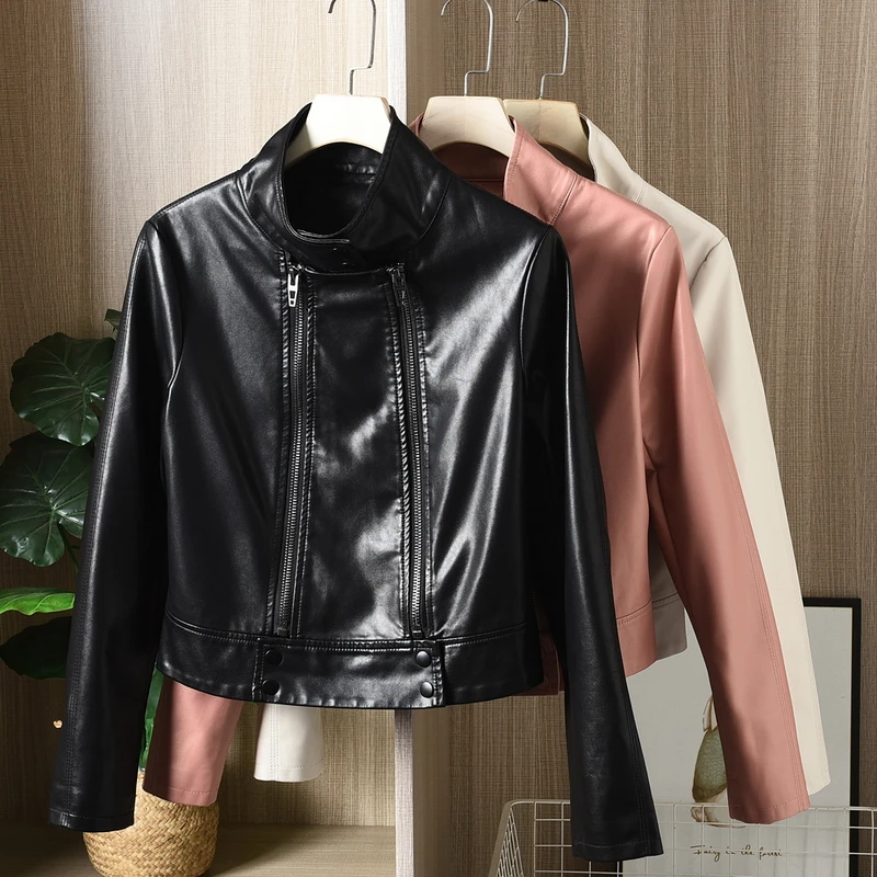 

Pink Black Faux Soft PU Leather jacket Korean Casual Women Slim Short Long sleeve Motorcycle Biker jacket 2023 Spring
