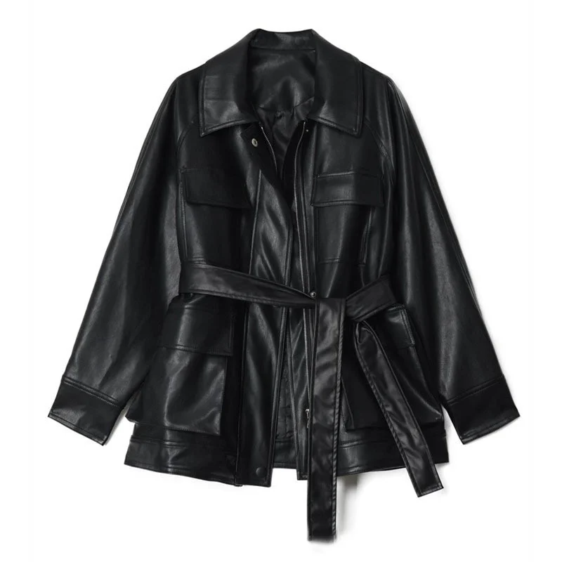 

Autumn Four Big Pocket Chic Loose Vintage Women Lady Pu Leather Jacket Leather Moto Jacket Sashes Oversized Thicken Jacket