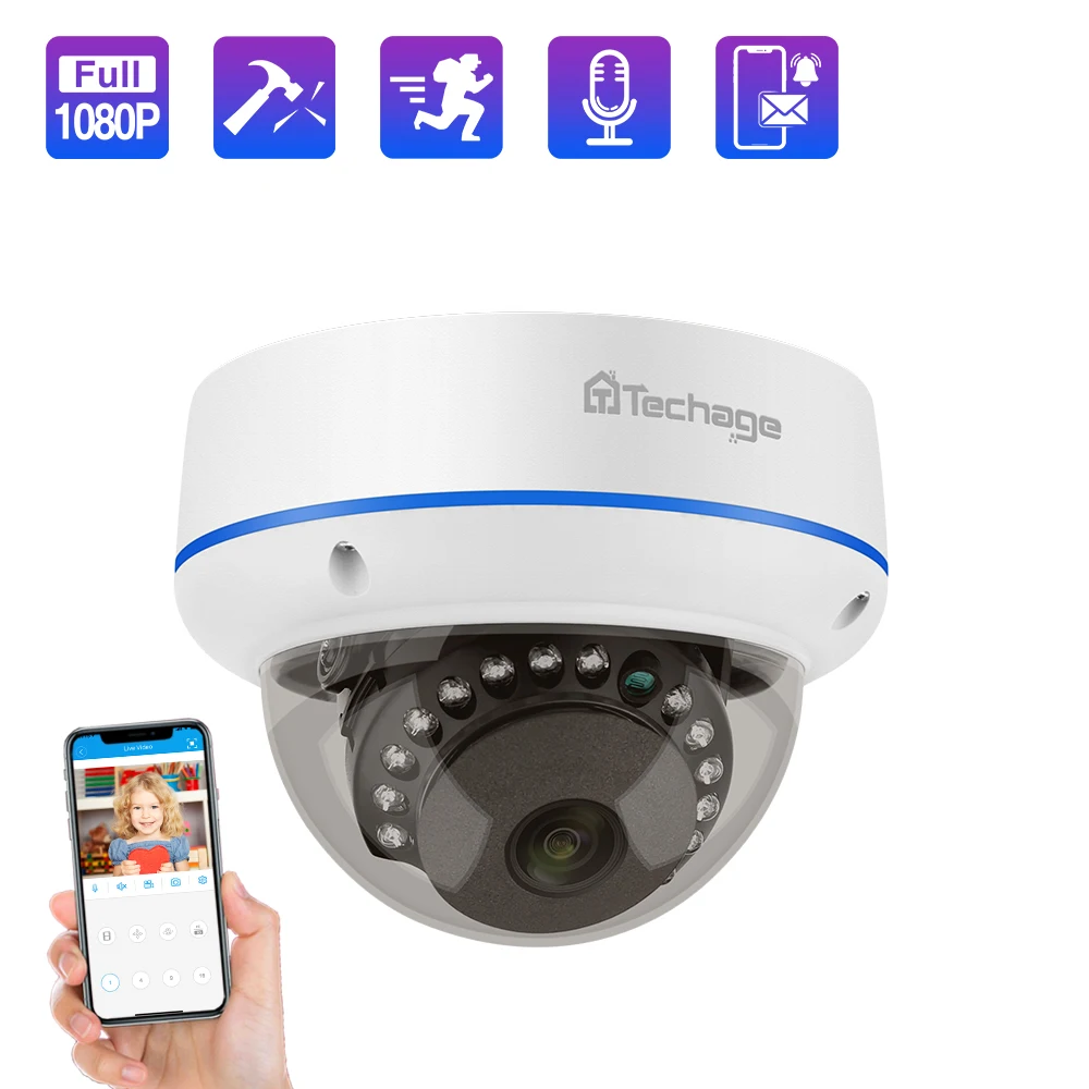 IP камера Techage 1080p 2 МП купольная POE 48 в сетевая HD Onvif для домашней безопасности CCTV