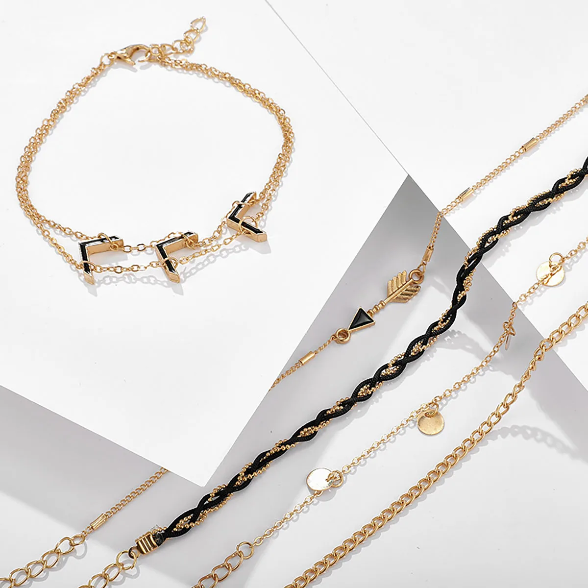 

5PCS/Set Anklet Geometric Dark Black Arrow Multi-Layer Wove Rope Foot Chain Combination Fashion Summer Beach Jewelry For Womens