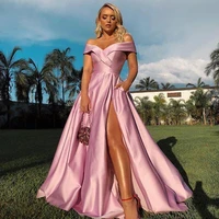 2022 cheap pink off the shoulder prom dresses sexy side split a line sweep train elastic satin formal occasion evening dresses c