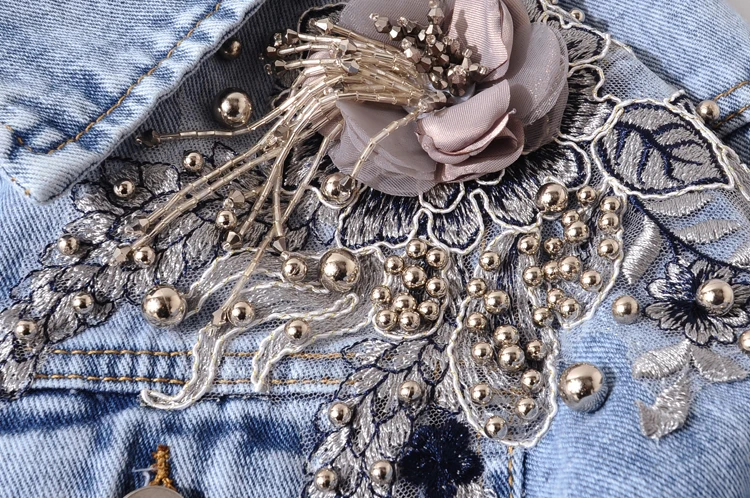 

Women Jeans Jacket Autumn 3D Flower Applique Beadings Slim Short Denim Jacket Casual Crop Bomber Coat Casaco
