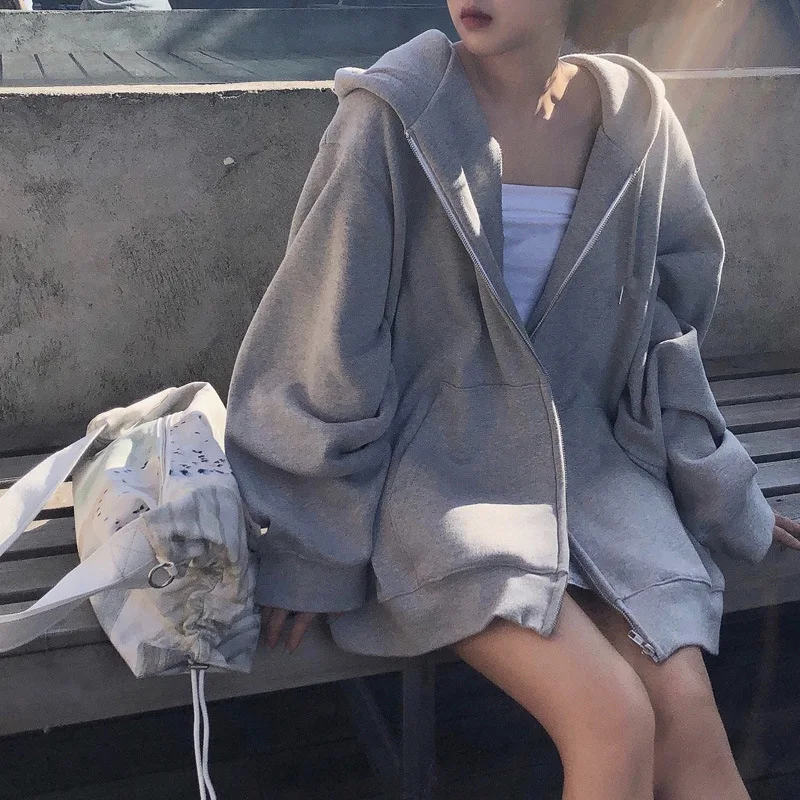 

Gray hooded sweatshirt women's new loose velvet warm antumn winter sports jacket long-sleeved oversized zip up hoodies top women