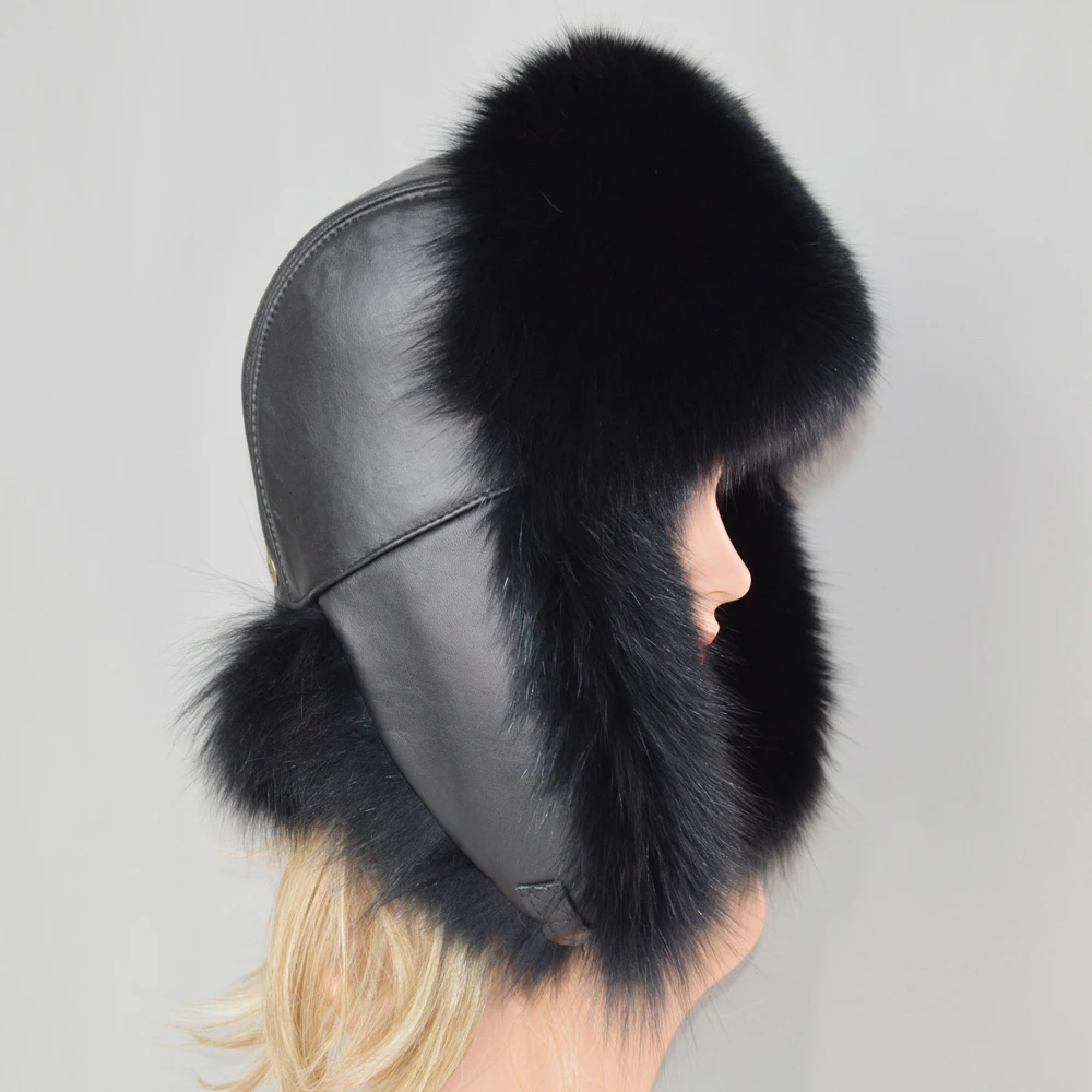 2022 Russia Winter Women Men Real Fox Fur Hat 100% Natural Sheepskin Leather Cap Lady Warm Soft Bomber Ear Protection Caps | Аксессуары
