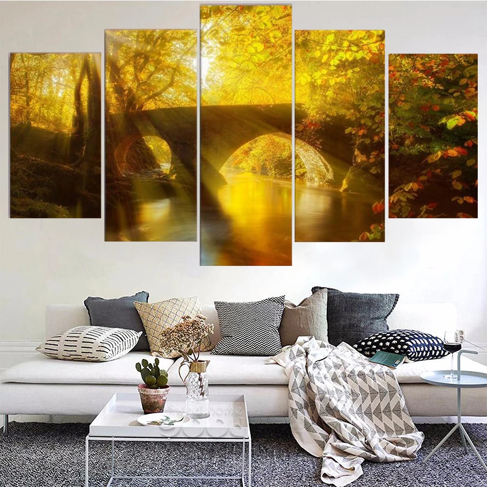 

5 Pieces Wall Art Canvas Painting Sun Bridge Autumn Landscape Poster Modular Home Decoration Pictures Modern Living Room