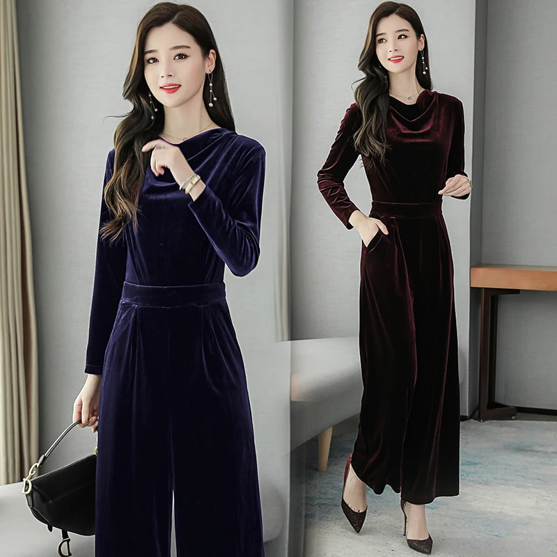 Long Jumpsuits 2021 New Women Sleeve Pile Collar Office Lady Solid Velvet Rompers |