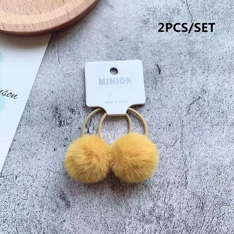 YELLOW-2PCS 2/8/10/12 шт Для детей резинки для волос галстуки с шариками для маленьких девочек плюшевая повязка для волос Веревка для девочек Аксессуары резинки для волос - Цвет: YELLOW-2PCS
