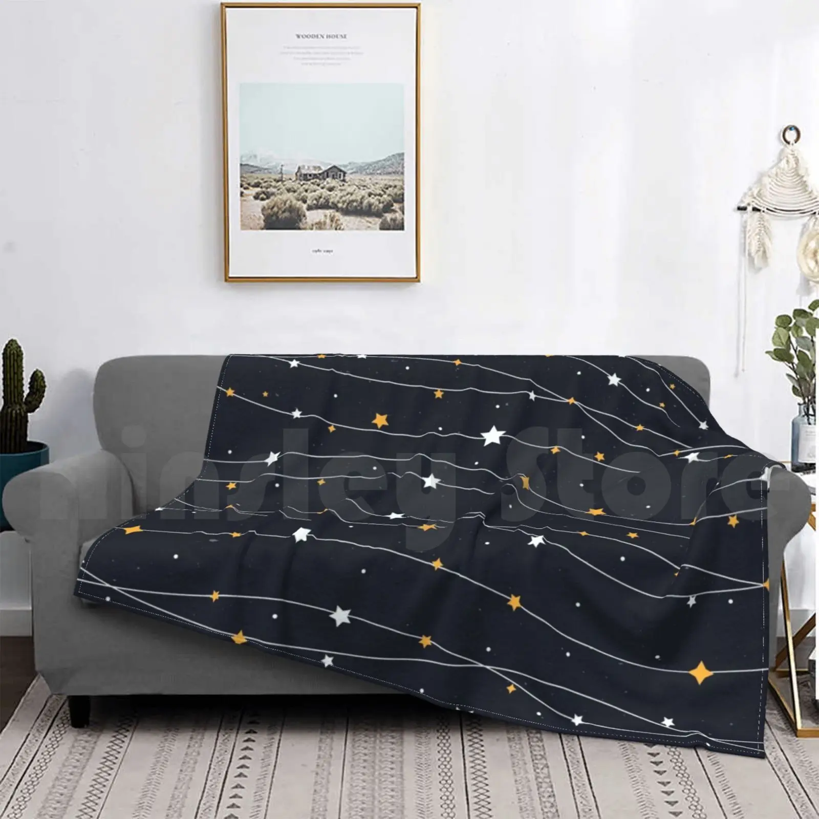 

Blue Stars Pattern Blanket Fashion Custom Landscape Moon Night Sky Clouds Blue White Black Grunge