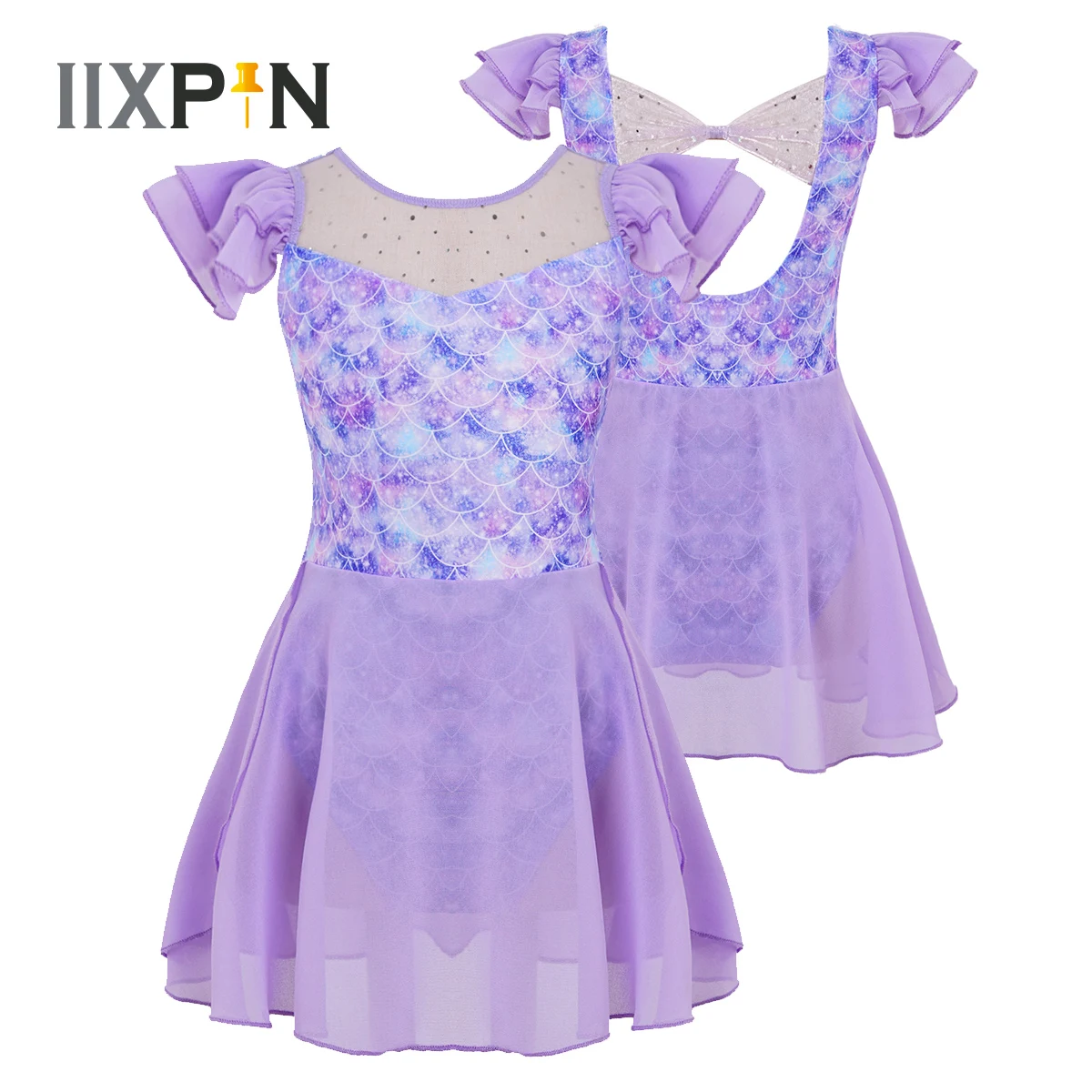 

Girls Flying Sleeve Ballet Dance Dress Gymnastics Tutu Skirted Leotard Fish Scale Print Hollow Back Figure Skating Stage Costume