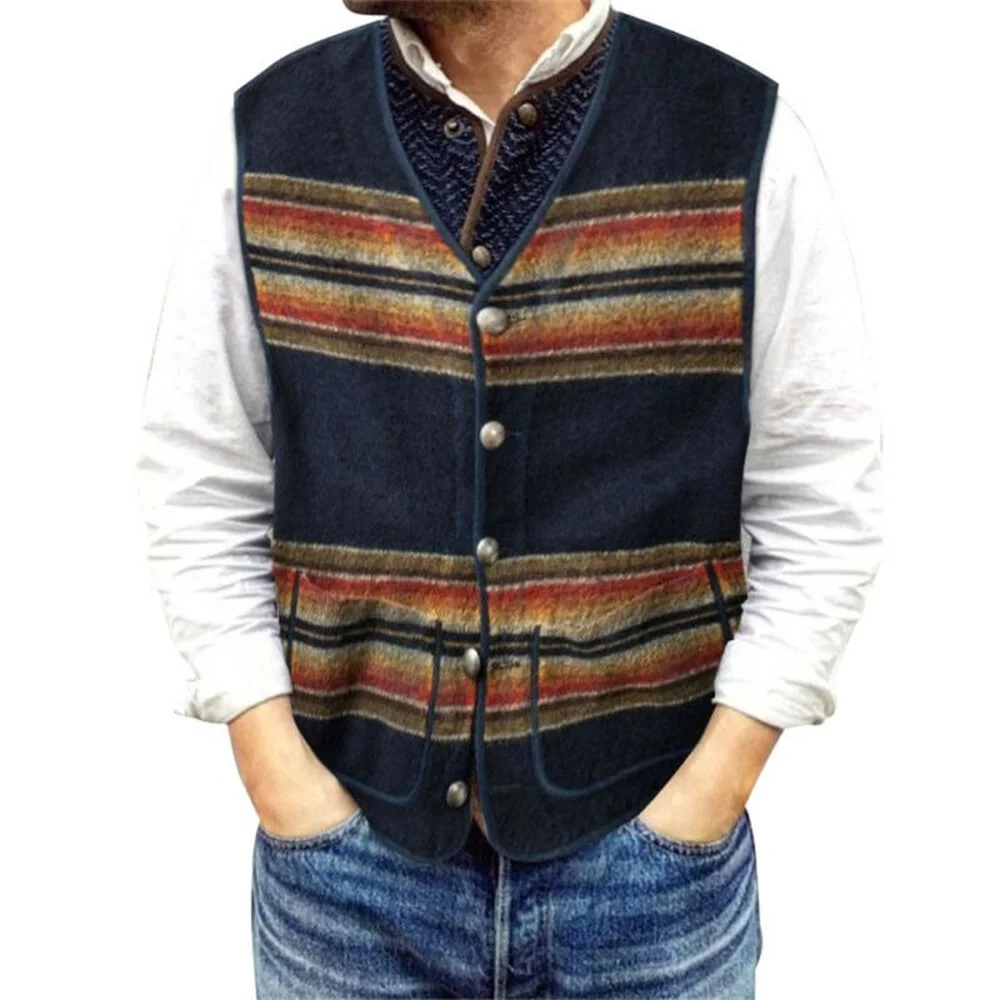 Men's Striped Buttons Casual Coat Waistcoat Sleeveless Vest Pocket Jacket Gilet
