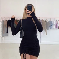 wjfzqm sexy ruched bodycon mini dress women clothes fall 2020 long sleeve o neck lace up draped tight dresses woman party night
