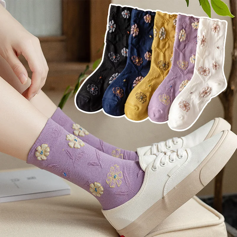 

Autumn Winter Cute Flowers Women's Socks Retro Fashion Japan Korea Girl Trend Kawaii Stockings Lolita Cotton Socks for Women
