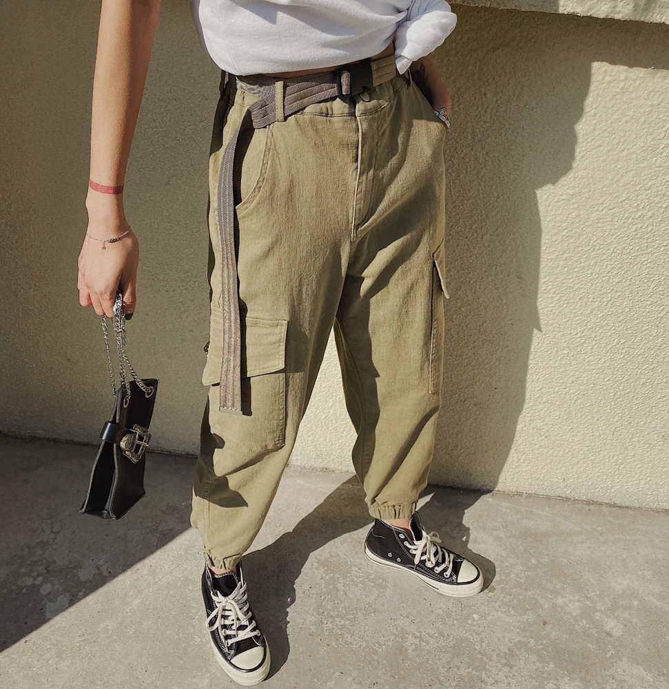 

Women Pants 2020 Spring Autumn Fashion Female High Waist Loose Harem Pant Trousers Casual Cargo Pants Streetwear With Belt WP173