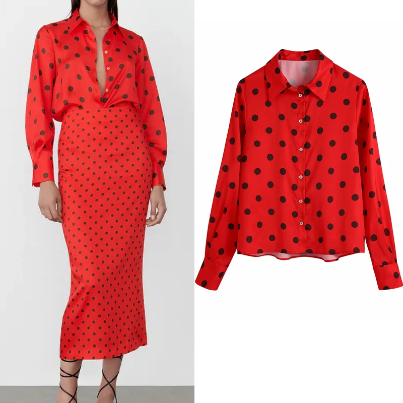 

Za Red Polka Dot Top 2021 Woman Long Sleeve Elegant Blouses Autumn Ladies Fashion Collared Button Up Shirt Office Vintage Blouse