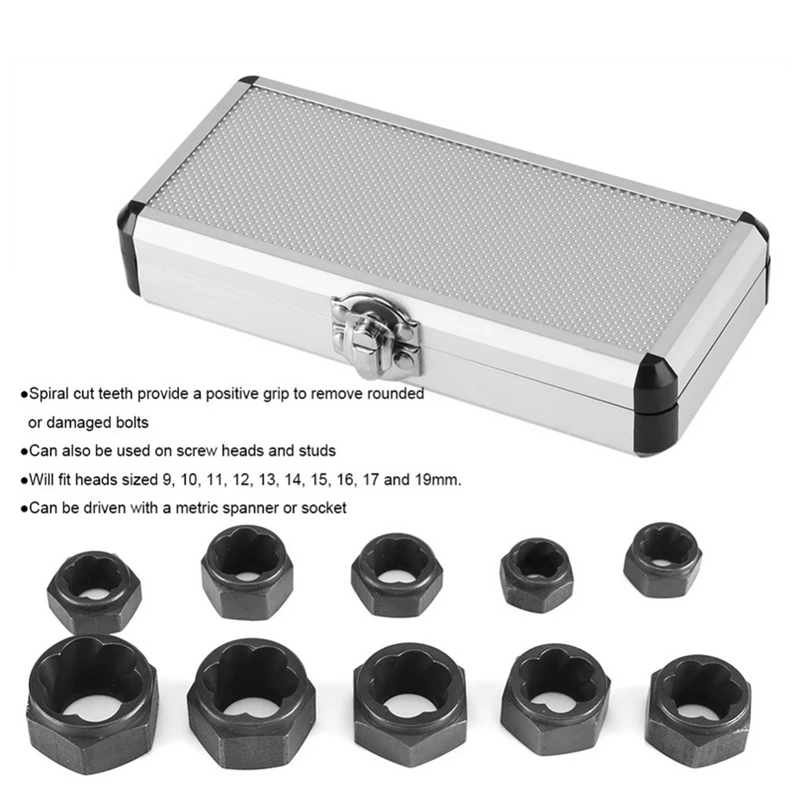 

9-19mm Bolt Nut Remover Extractor Set Black Damaged Nuts Extractors Broken Bolt Removal Kit High/Short Type 10 Pcs/Set