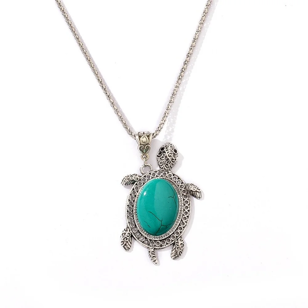 

Turquoise Hanging Silver earrings for Women 2021 Trend Turtle Pendant Necklace Vintage Bracelet Accessories Luxury Jewelry Set