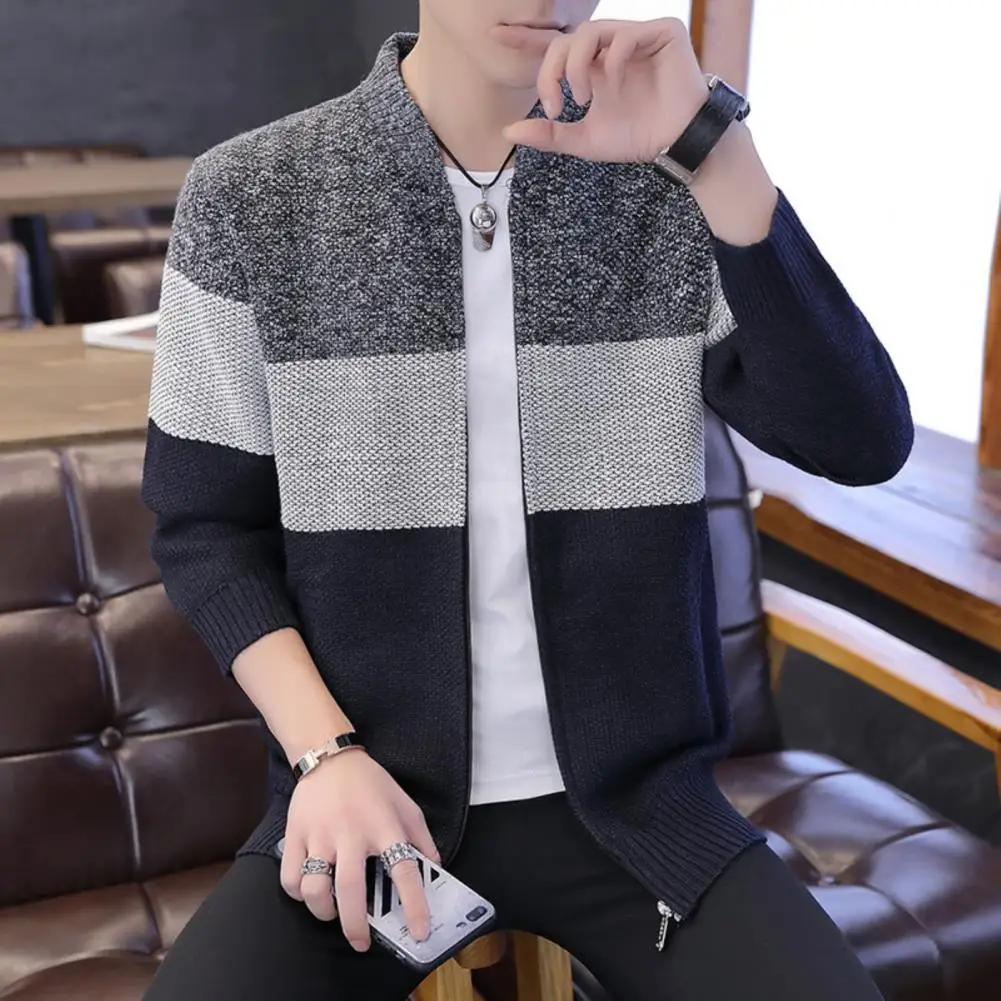 

Coat Men Autumn Men Long Sleeve Knitted Sweater Thick Warm Color Block Zip Jacket Coat