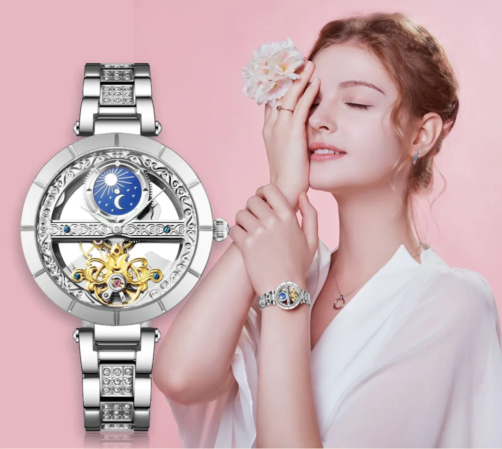 Top Brand Luxury Women Mechanical Watches Fashion Hollow Watch Ladies Stainless Steel Automatic Self-Wind Wrist Watch