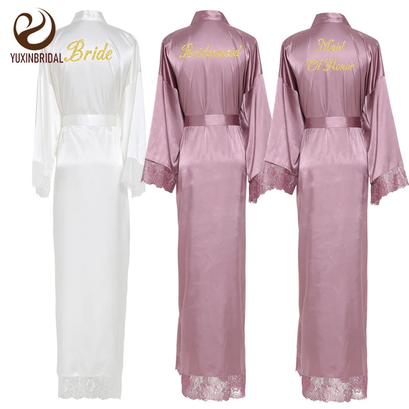 YUXINBRIDAL mauve New Silk Satin Lace Robes Bridesmaid Bride Robes Bridesmaid Robes Wedding Long Robe Bathrobe Lingerie Robe  - buy with discount