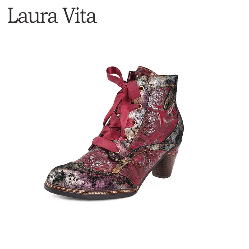 

Laura Vita Genuine Leather Bohemia Ankle Boots Comfortable Shoes Vintage Printed Autumn Winter Women Boots Square Mid Heels