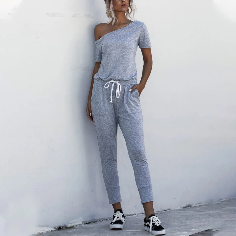 

Модные женские летние однотонные Комбинезоны на шнуровке, дизайнерские облегающие комбинезоны с карманами, косым воротником и коротким ру...