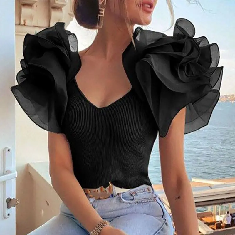 

Knitted Slim Women T Shirts Ruffles V Neck Summer Vintage Sexy Short Camisetas De Mujer Korean Solid Ropa Mujer Sweet