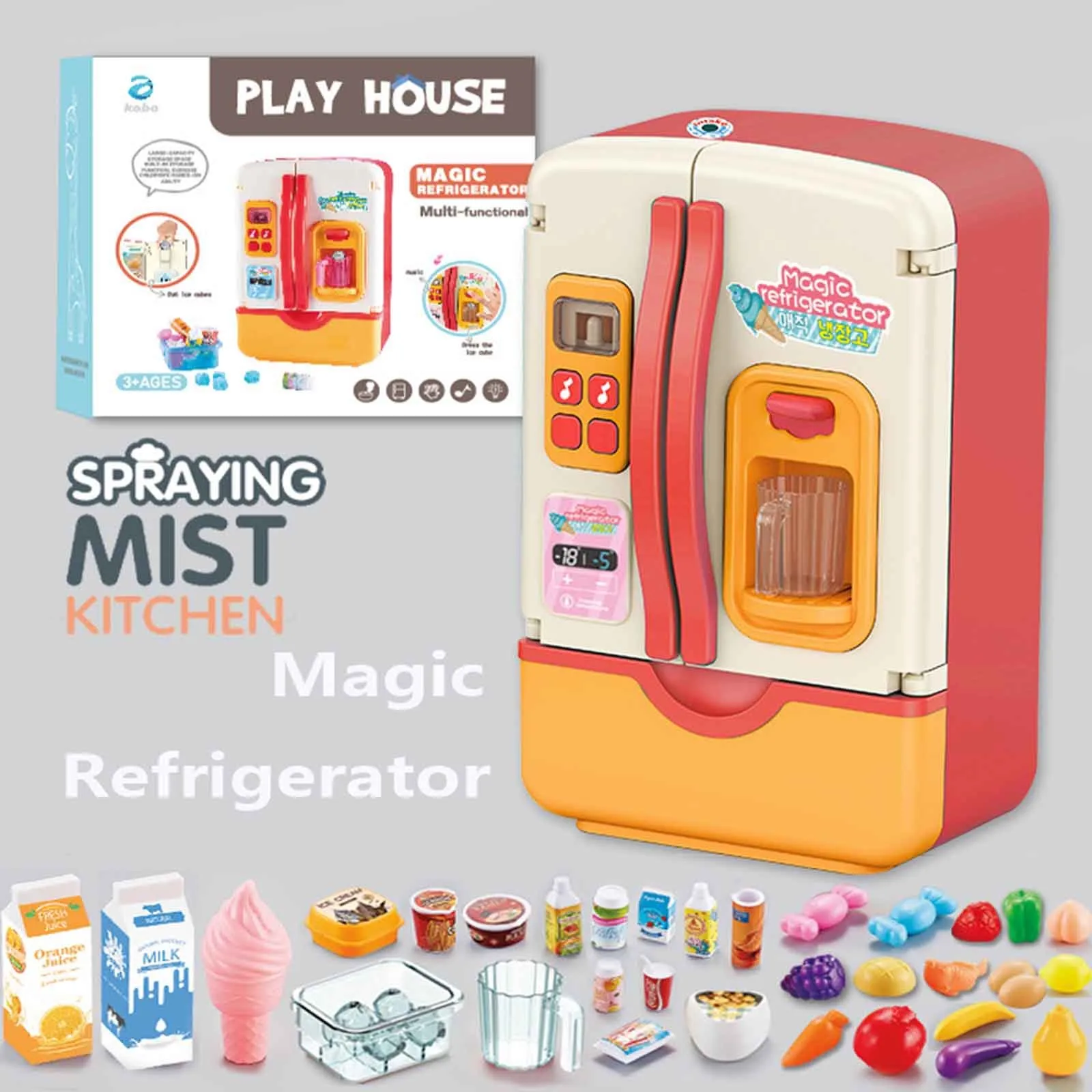 

Kids Pretend Play Kitchen Refrigerator Model Electric Children's Play House Toy Refrigerator With Spray Water Gift