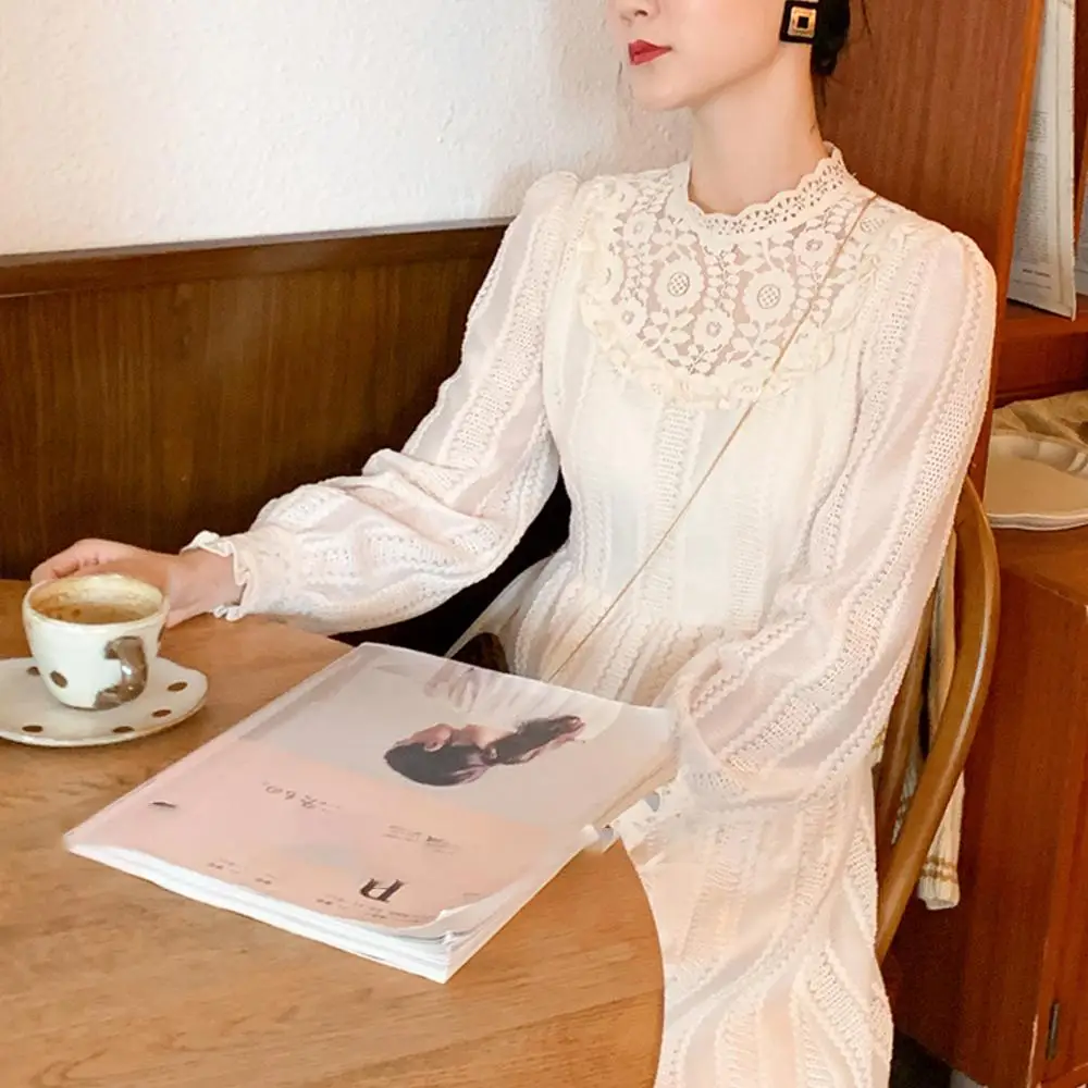 Винтажное кружевное сказочное платье с длинным рукавом белое зимнее женское