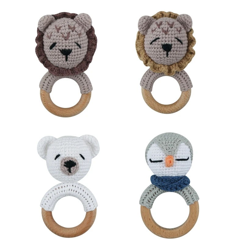 

1pc Baby Rattles Crochet Lion Rattle Toy Wood Ring Baby Teether Rodent Baby Gym Mobile Rattles Newborn Educational Toys