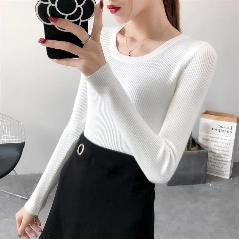 2019 autumn new self-cultivation wild long-sleeved bottoming knit women and winter sets of short round neck sweater | Женская одежда