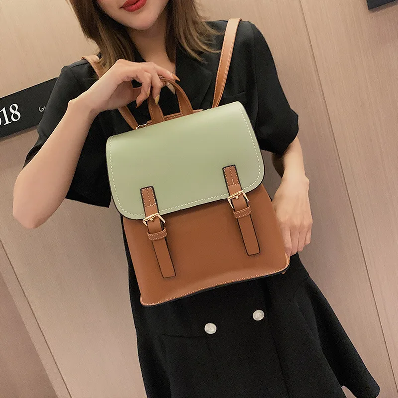 

Back Packs Bag For Women Designer 2020 Fashion Patchwork Green School Bag Leather Small Backpack Trendy Bagpack Womens Back Pack