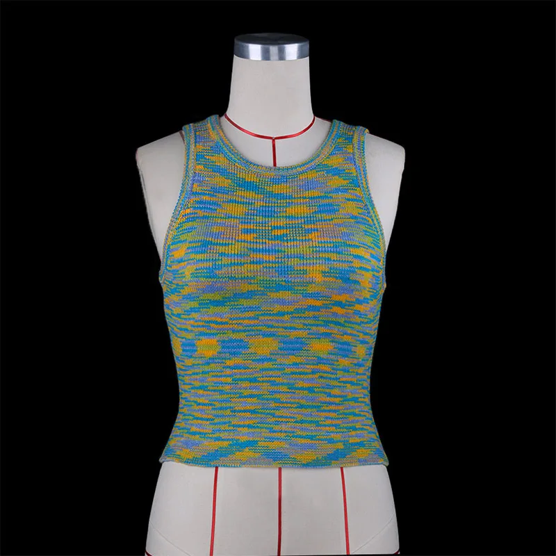 

Aproms Elegant High Street Sleeveless Cropped Tank Tops Women Summer Fashion Multi Stripes Knitted Slim Top Cool Girls Tees 2021