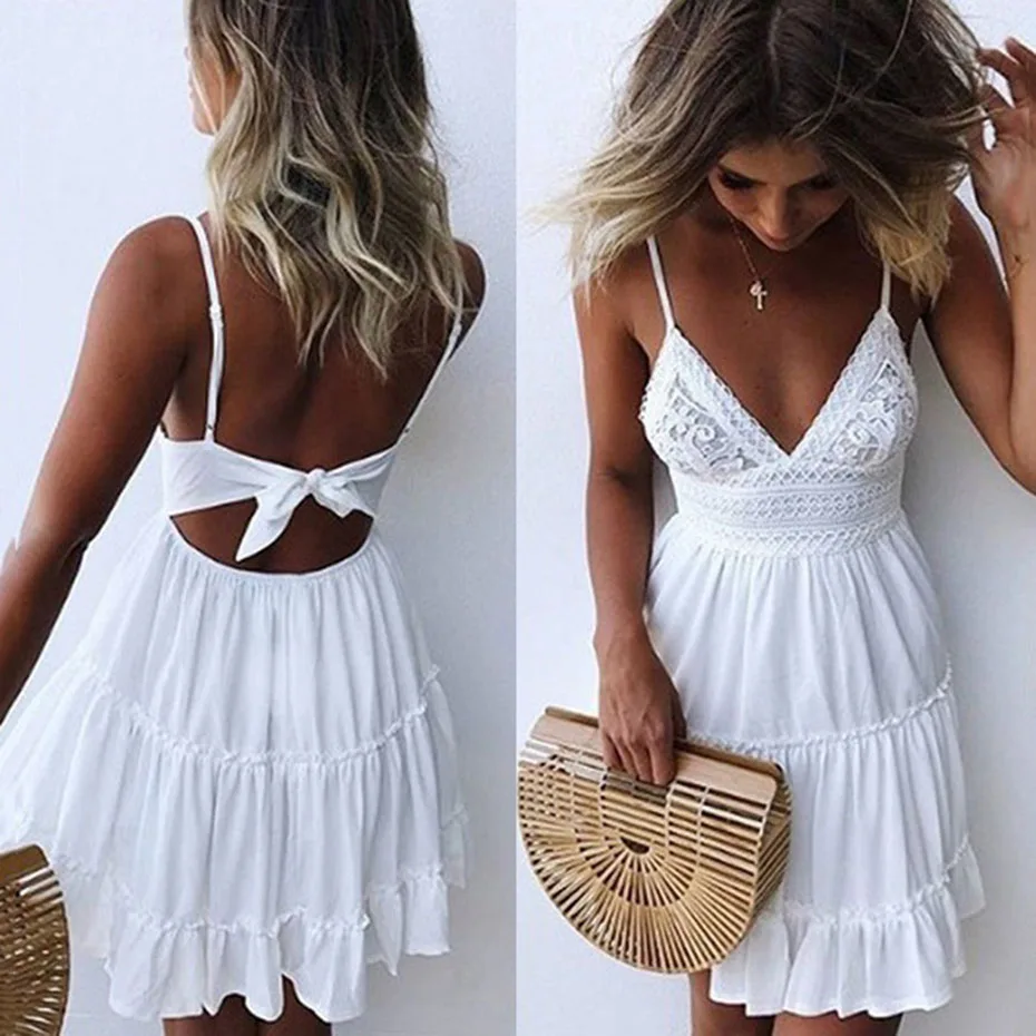 

ZOGAA Fashion Summer Dress Women Sweet Sexy Sleeveless Party Dresses V Neck Backless Lace Stitching Beach White Dress for Women