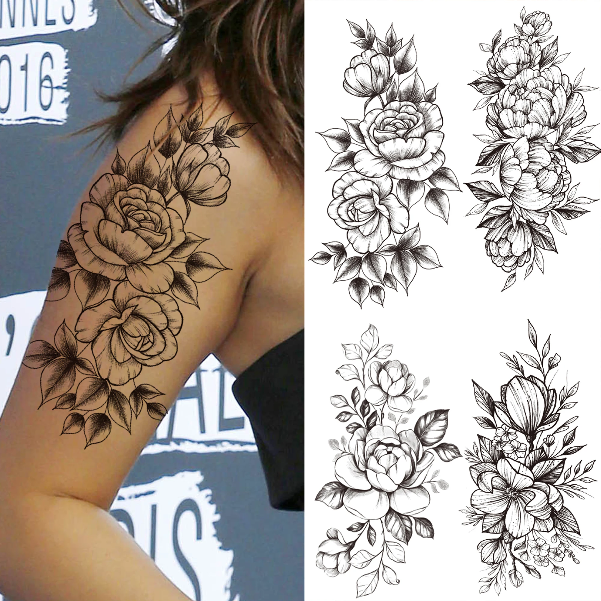 

Large Sexy Peony Flower Temporary Tattoos For Women Men Realistic Rose Fake Tattoos Black Half Sleeve Forearm Thigh DIY Tatoos