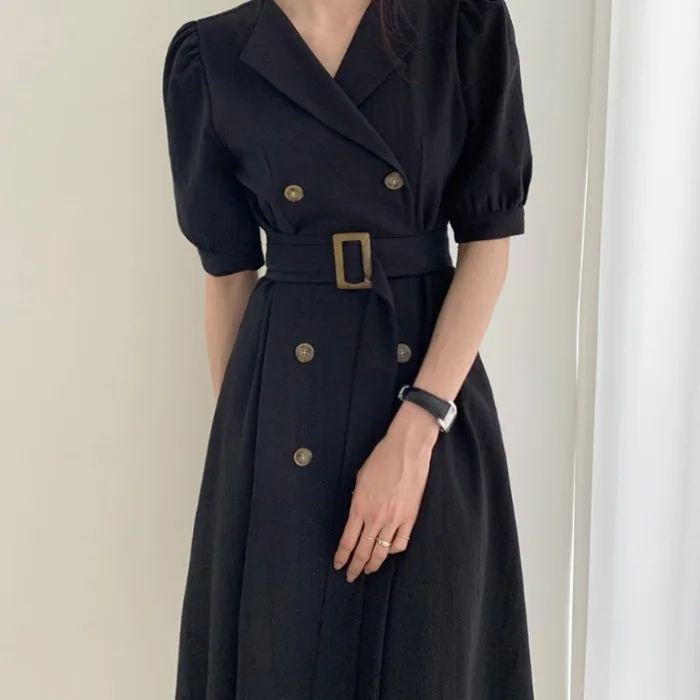 

Korean Chic Elegant Mature Elegant Lady Puff Sleeve Double Breasted Lace-up Temperament Overknee Dress and Coat Summer