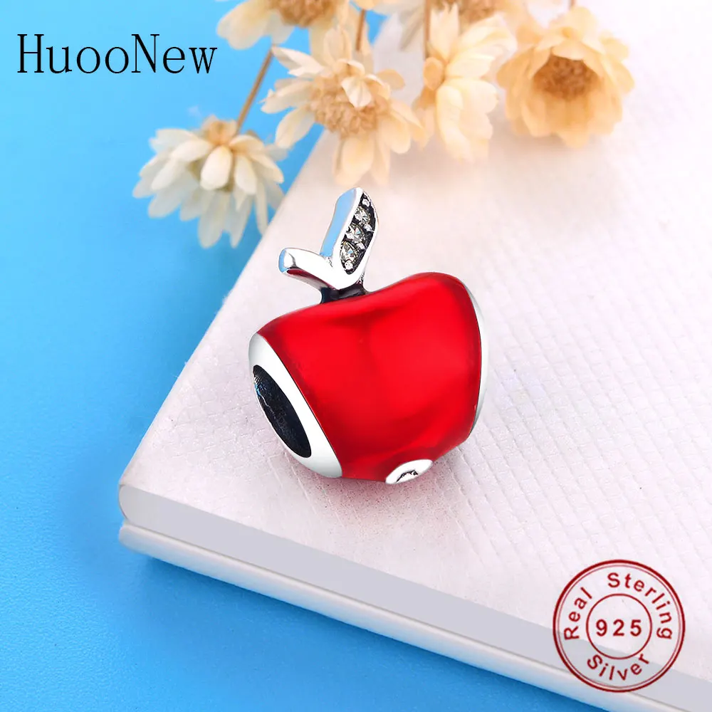 Бусина Яблоко из серебра 925 пробы с желтым кристаллом в виде листьев красная