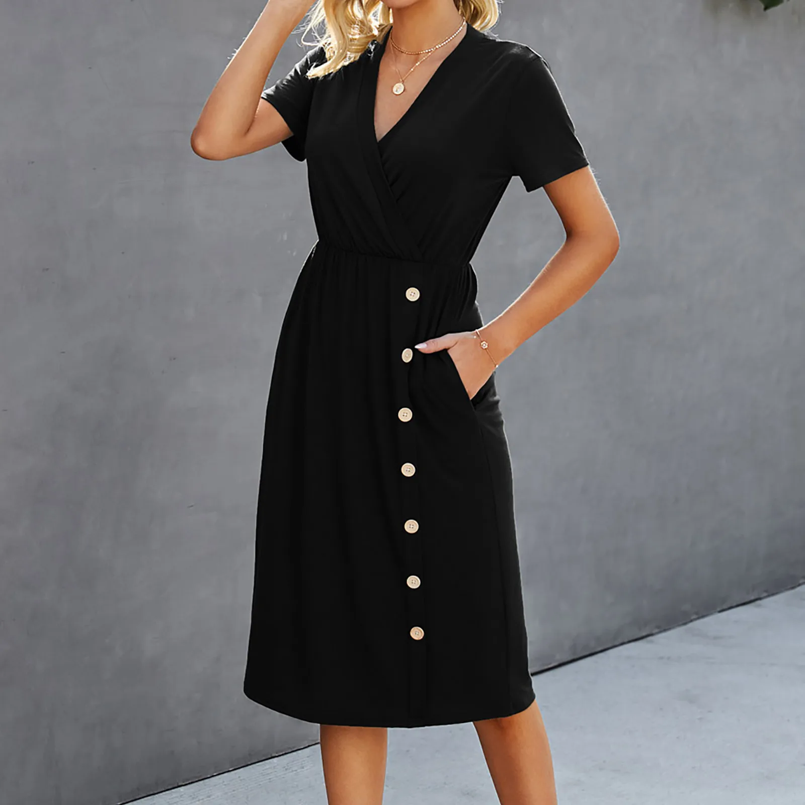 

Women's Dress Solid Color Dresses Sexy V- Neck A-line Buttons Pocket Short Sleeve Dress For Women 2020 Summer Dress