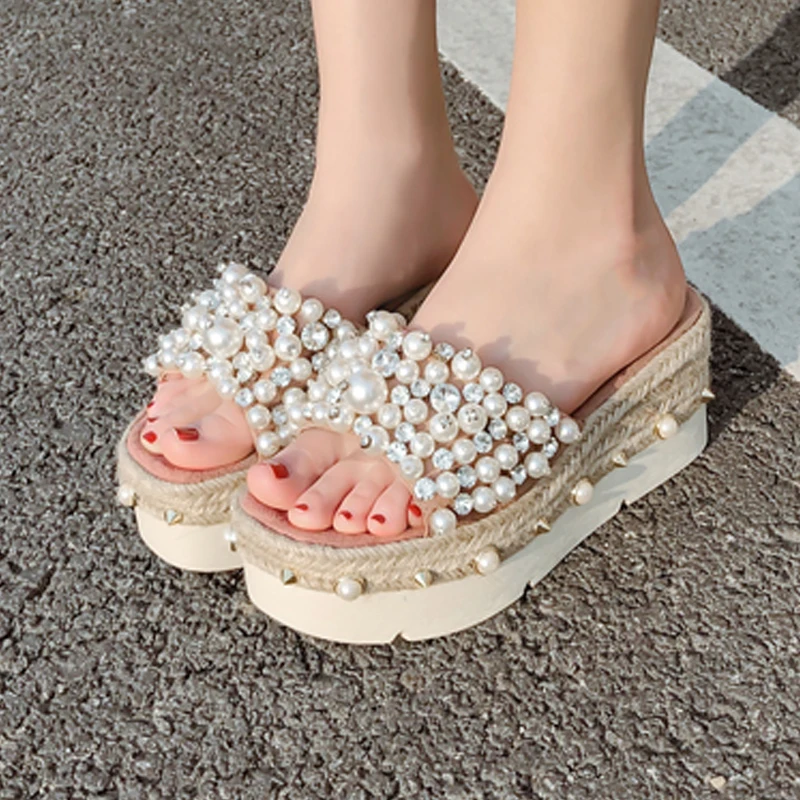 

One-word slippers summer new fashion high-heeled platform women's shoes handmade beaded rhinestone rivet sandals