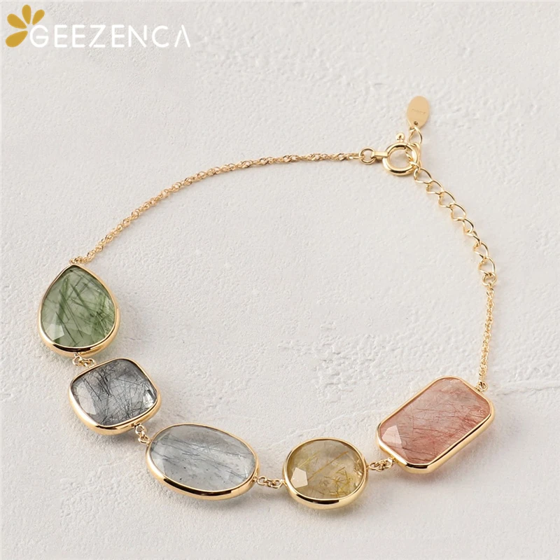 

Japanese Style S925 Silver Goldplated Natural Gemstone Women's Bracelet Quartz Rutilated Trendy Bracelets Bangle Fine Jewel Gift