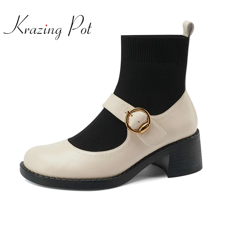 

krazing pot 2022 newest style knitting boots buckle strap cow leather round toe high heels patchwork comfortable ankle boots L15