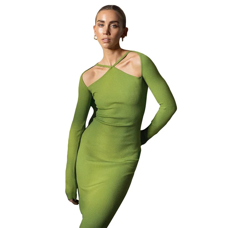 

French Long Slim Slim Chic Design Hollow Out Knit Long Sleeve Dress Ladies Spring And Summer New Joker Split Tail V-Neck Dress