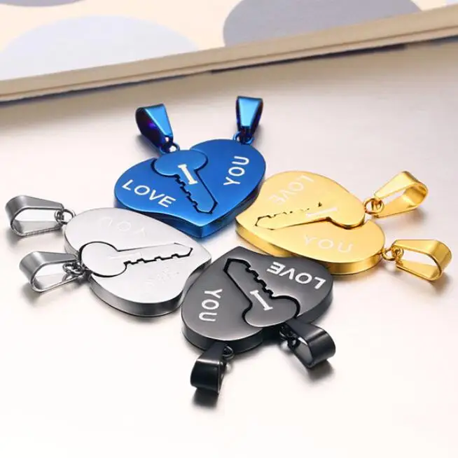 

LOOKER His & Hers Matching Chain Stainless Steel "I Love You" Key Heart Couples Pendant Necklace Set Promise Jewelry