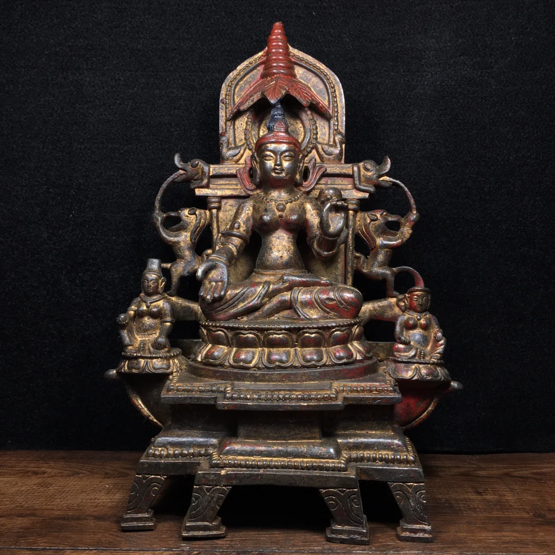 

11"Chinese Folk Collection Old Bronze Cinnabar Lacquer Northern Wei Buddha Sakyamuni Left and right guardian Sitting Buddha