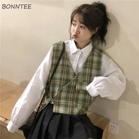 women vests v neck solid loose drawstring asymmetrical waistcoats for sweet girls all match students pockets chic outwear kawaii