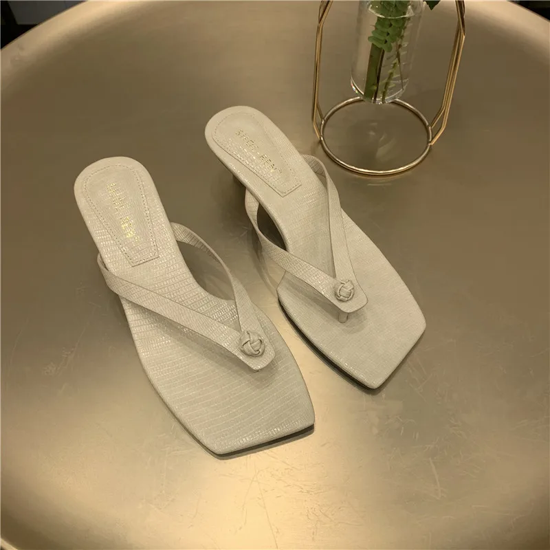 

Shoes Woman 2021 Snakeskin Slippers Flat Rubber Flip Flops Luxury Slides Heeled Mules Square Toe Pantofle Hawaiian Designer Summ