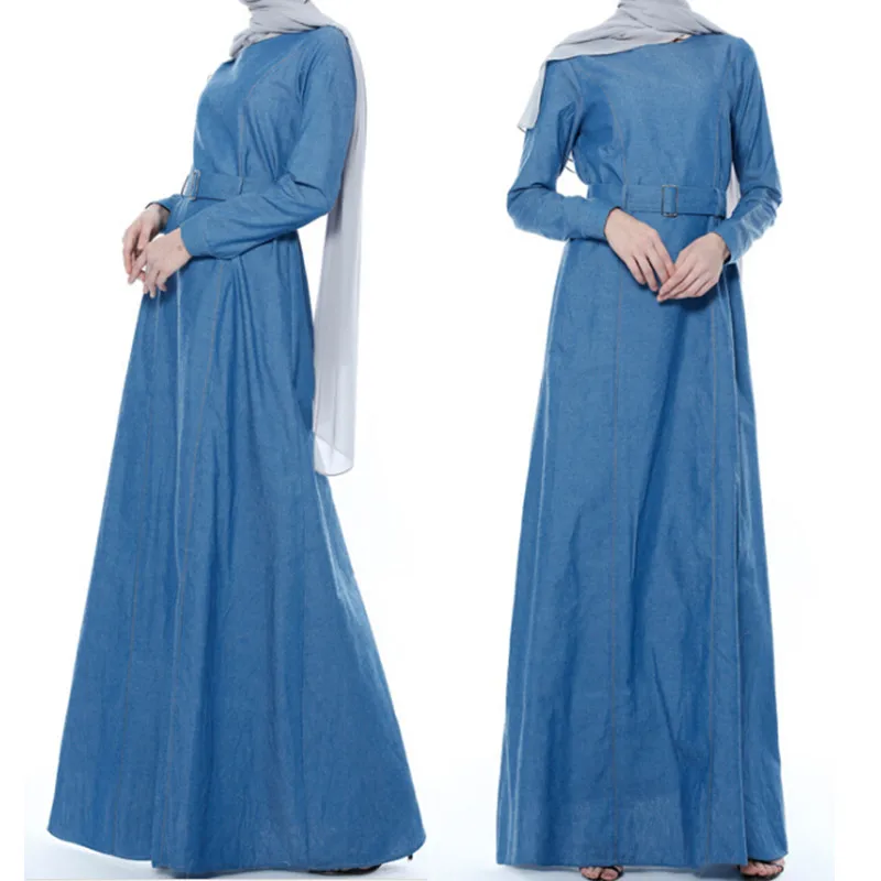 Мусульманское джинсовое Макси-платье abaya длинные халаты с поясом Туника jilбаб Jalabiya Ближний Восток Рамадан Арабский исламский