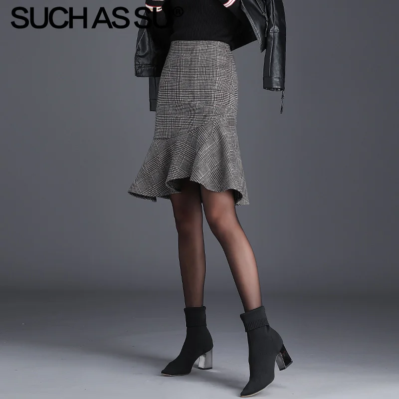 Light gray Skirt Новые осенне-зимние вязаные клетчатые юбки для женщин серая с высокой талией длиной до колена юбка русалки S-3XL размера плюс юбка с оборками для женщин - Цвет: Light gray Skirt