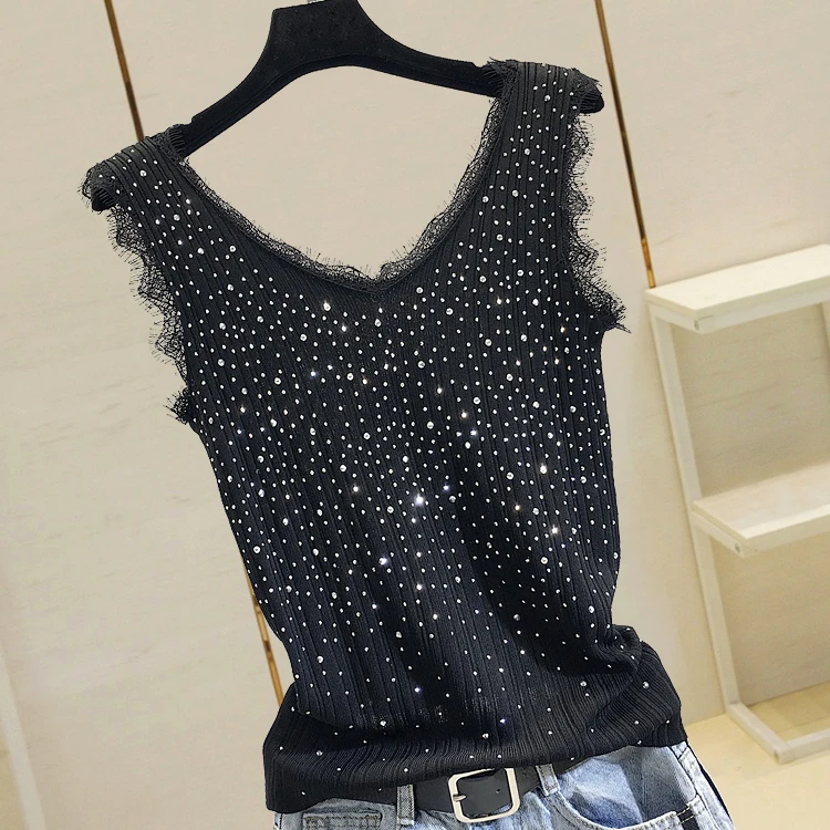 Summer New Fashion Camisole Tanks T Shirts Women Heavy Ironing Hot Drilling Knitting Tops Underwear Inner Female Base Top | Женская