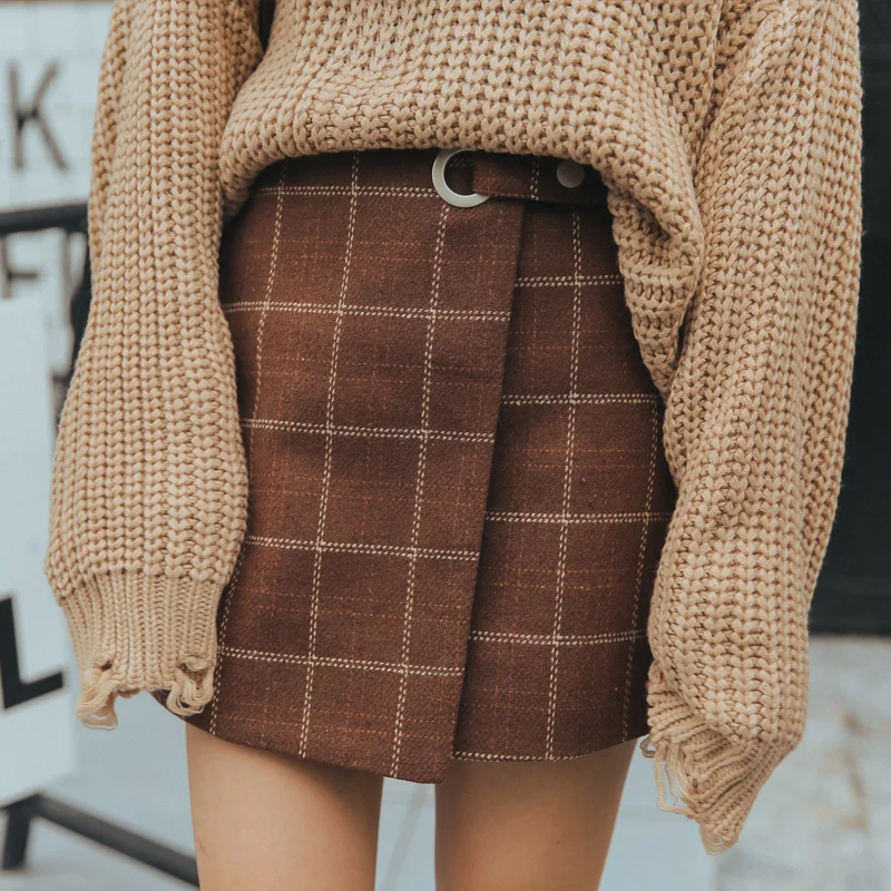 

2021 Kawaii Women Skirts Autumn And Winter Thickening Slim Hip Woolen Plaid Skirt Vintage Japanese Harajuku High Waist Skirt