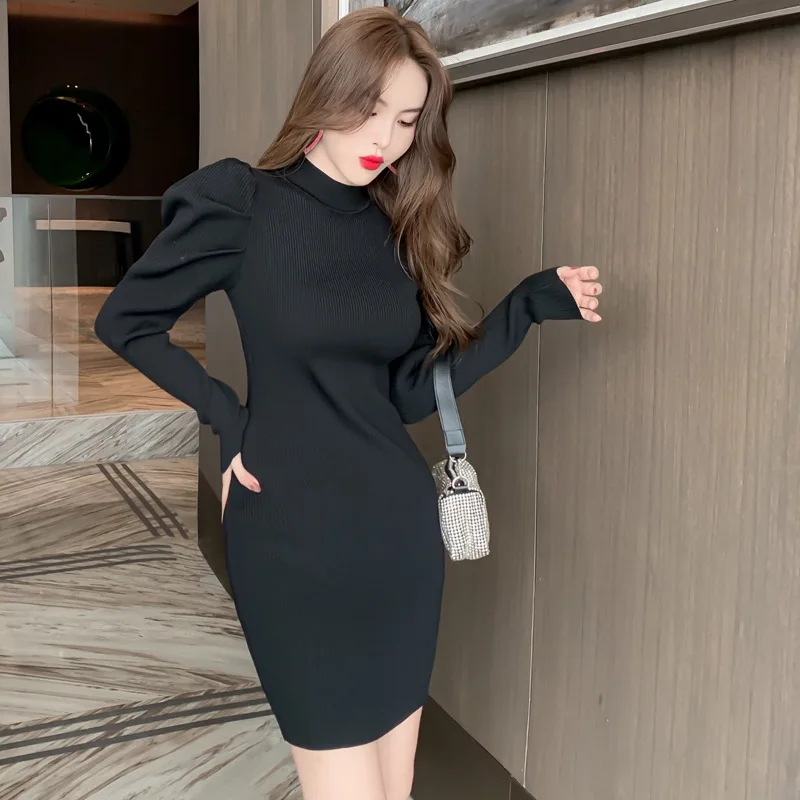 

Base skirt 2020 autumn and winter French puff sleeve knitted dress Slim orange sweater dress